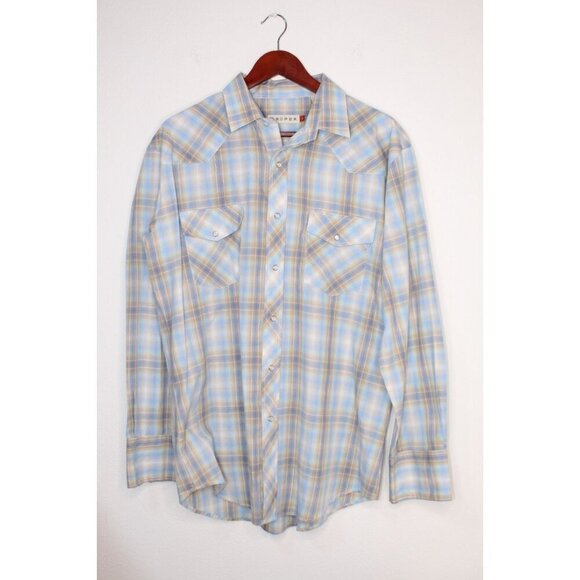 Cinch Other - Roper Men's Cowboy Shirt L‎ Blue Tan Plaid Western Pearl Snap Casual Fit Relaxed